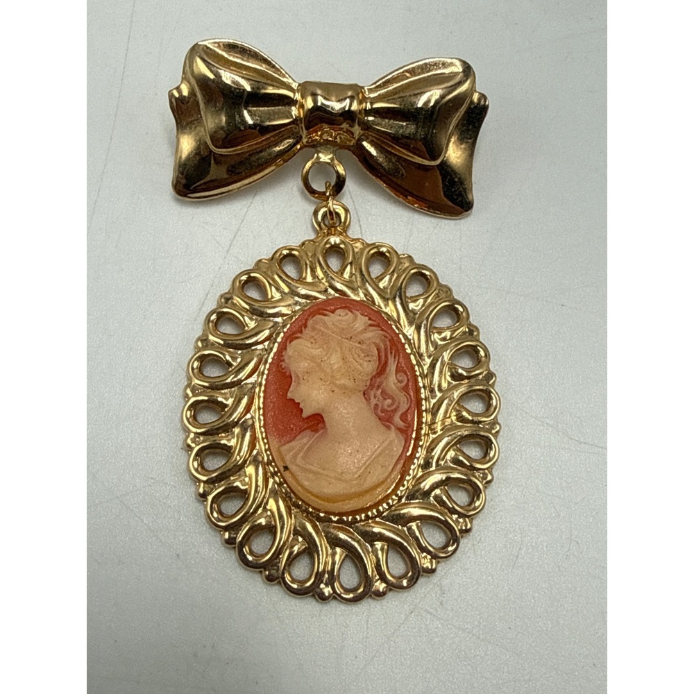 Vintage Gold Tone Bow Cameo Brooch Filigree Oval Pendantโ Pin Peach Terracotta